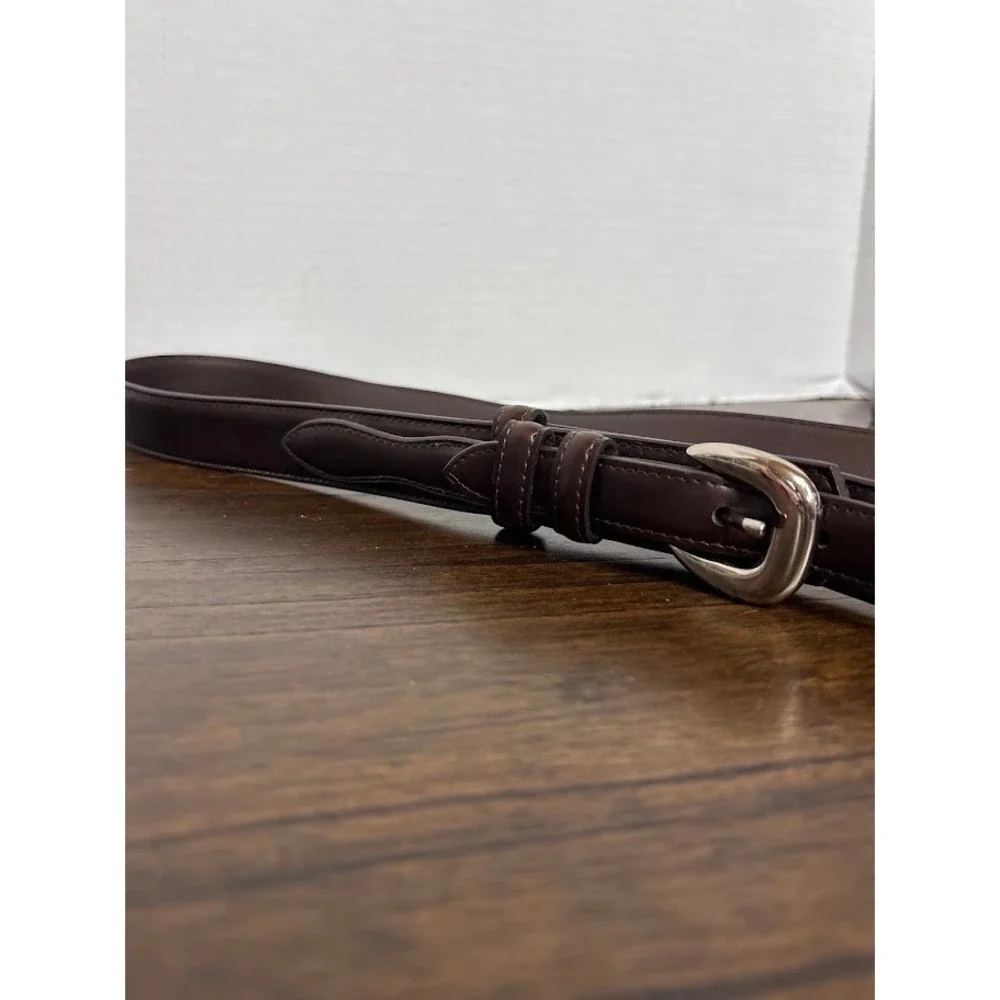Brown Leather Ranger Belt Stitched Tapered Western Silver Tone Buckle Size 40
